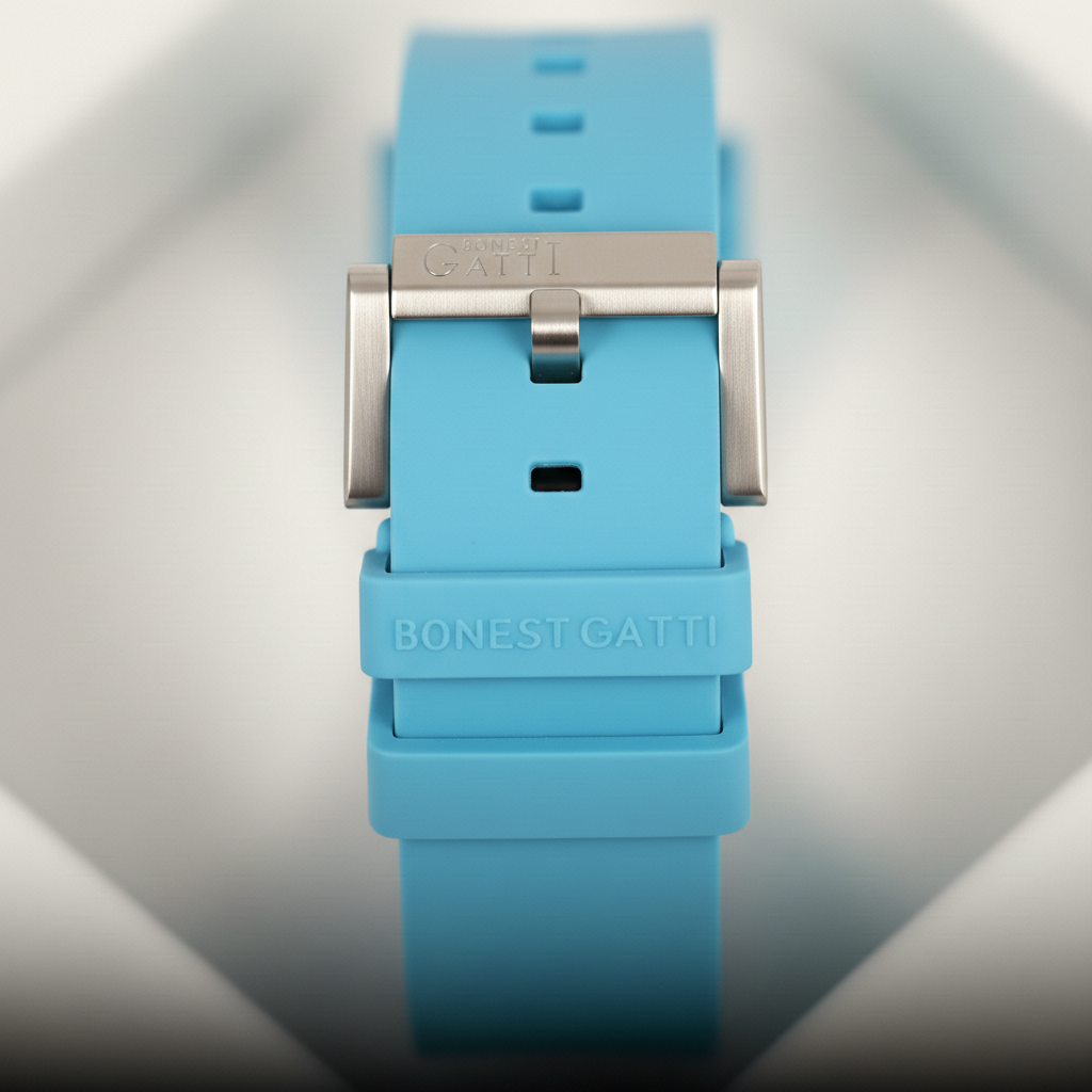BONEST GATTI BG9901 blue rubber strap buckle detail with BONEST GATTI engraving and premium metal clasp