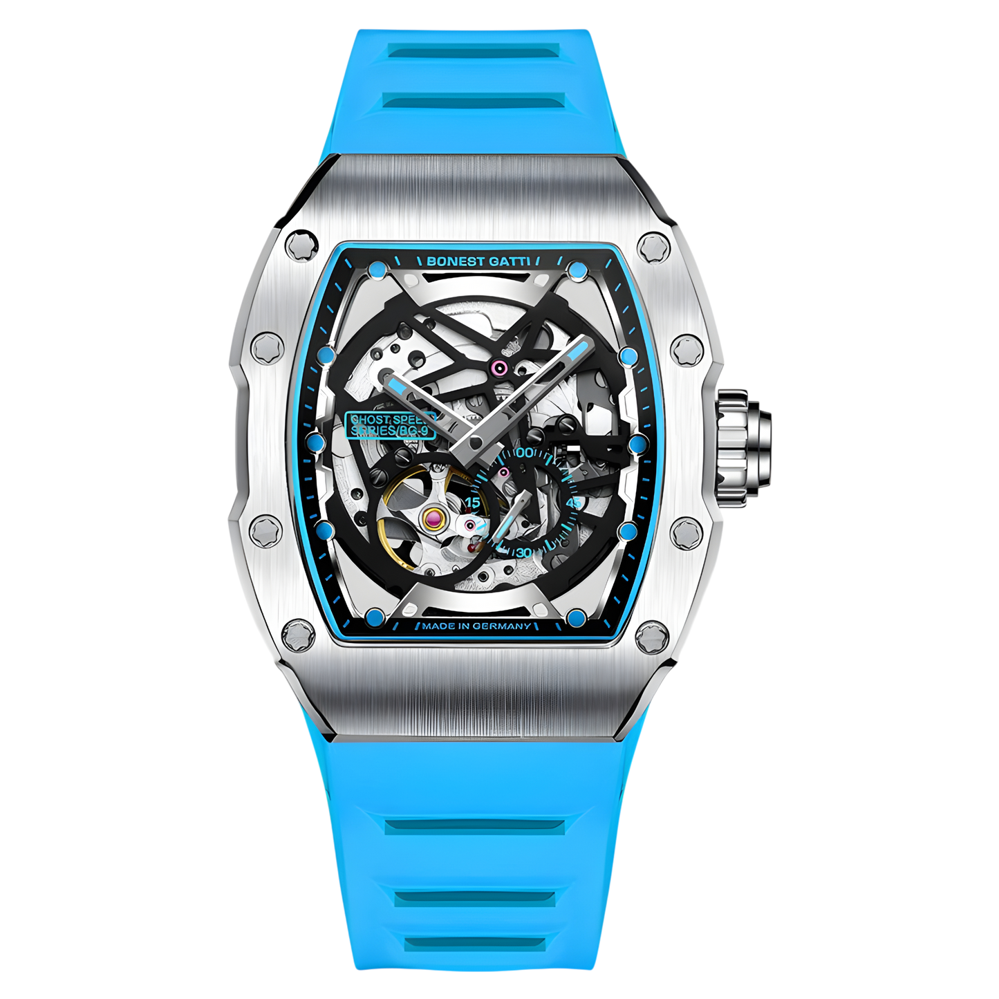 BONEST GATTI BG9901 tonneau skeleton automatic watch with blue strap front view showing openworked mechanical dial and brushed metal case