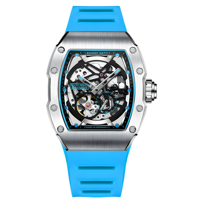 BONEST GATTI BG9901 tonneau skeleton automatic watch with blue strap front view showing openworked mechanical dial and brushed metal case