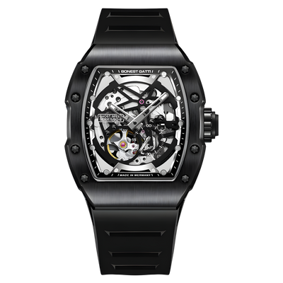 BONEST GATTI BG9901 tonneau skeleton automatic watch front view with black case and black strap