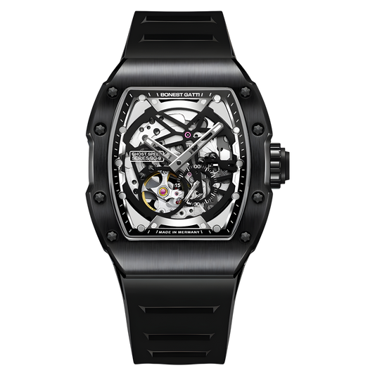 BONEST GATTI BG9901 tonneau skeleton automatic watch front view with black case and black strap