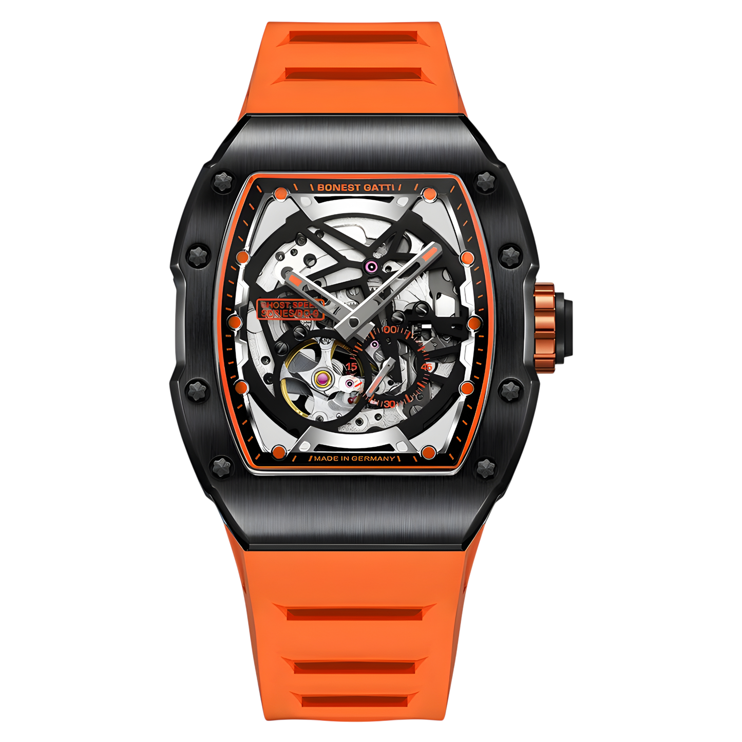 BONEST GATTI BG9901 tonneau skeleton automatic watch with orange rubber strap and black tonneau case