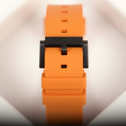 BONEST GATTI BG9901 tonneau skeleton automatic watch orange strap buckle detail with engraved Bonest Gatti logo