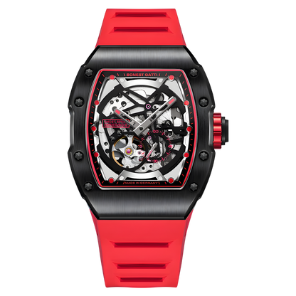 BONEST GATTI BG9901 tonneau skeleton automatic watch front view with red accents and exposed mechanical movement