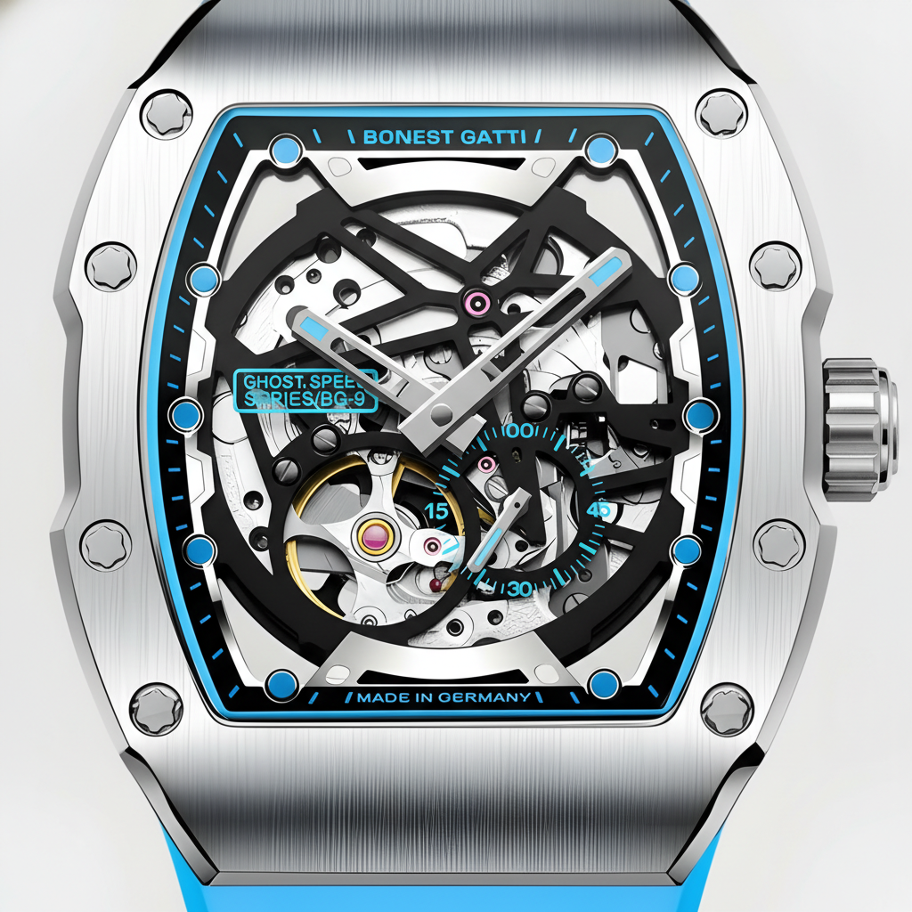 BONEST GATTI BG9901 skeleton dial macro close up highlighting openworked gears blue accents and precision mechanical components