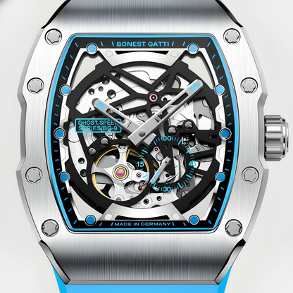 BONEST GATTI BG9901 skeleton dial macro close up highlighting openworked gears blue accents and precision mechanical components