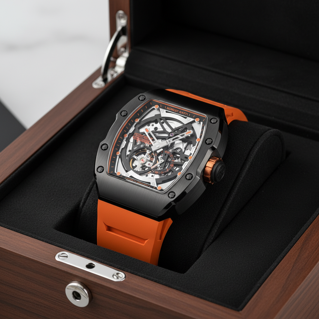BONEST GATTI BG9901 tonneau skeleton automatic watch displayed in premium box with orange strap