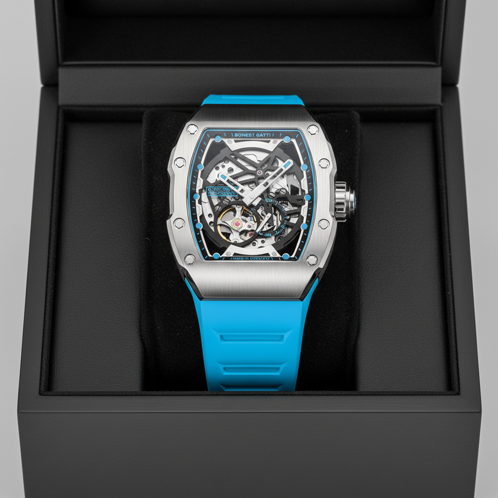 BONEST GATTI BG9901 tonneau skeleton automatic watch displayed in luxury presentation box with blue strap