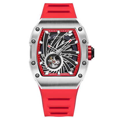 BONEST GATTI BG9902 – Crimson Speed Edition with silver case, red accents, and rubber strap
