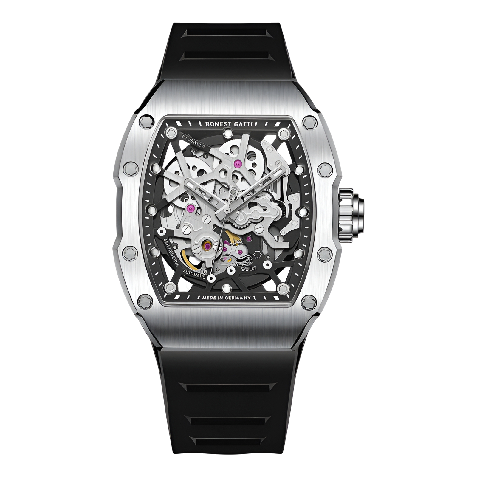 BONEST GATTI BG9905 – Silver Phantom Edition with brushed silver case and black strap
