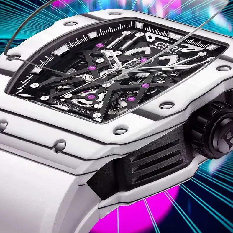 BONEST GATTI BG9907 – Cosmic Purple Edition with purple carbon fiber case and white strap
