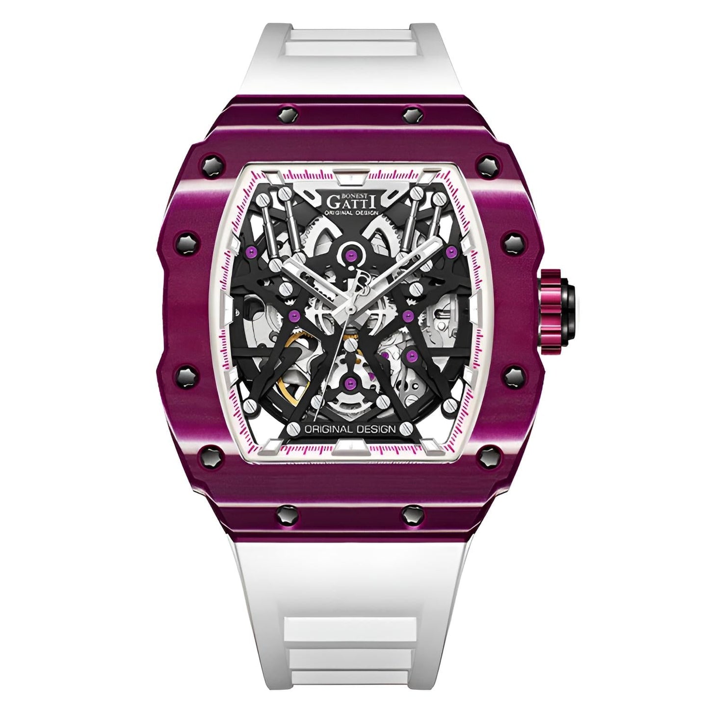BONEST GATTI BG9907 – Cosmic Purple Edition with purple carbon fiber case and white strap
