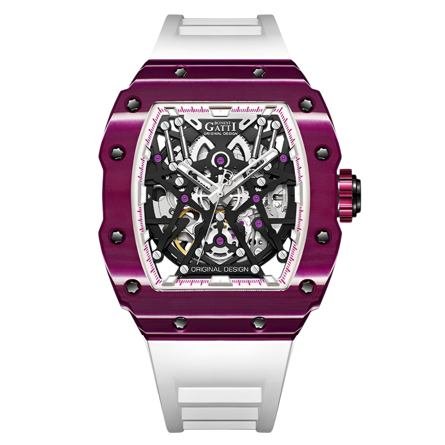 BONEST GATTI BG9907 – Cosmic Purple Edition with purple carbon fiber case and white strap

