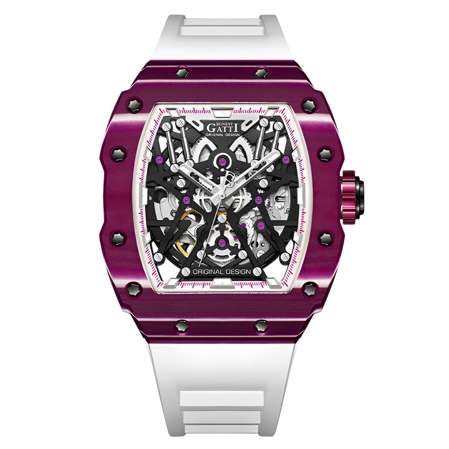 BONEST GATTI BG9907 – Cosmic Purple Edition with purple carbon fiber case and white strap
