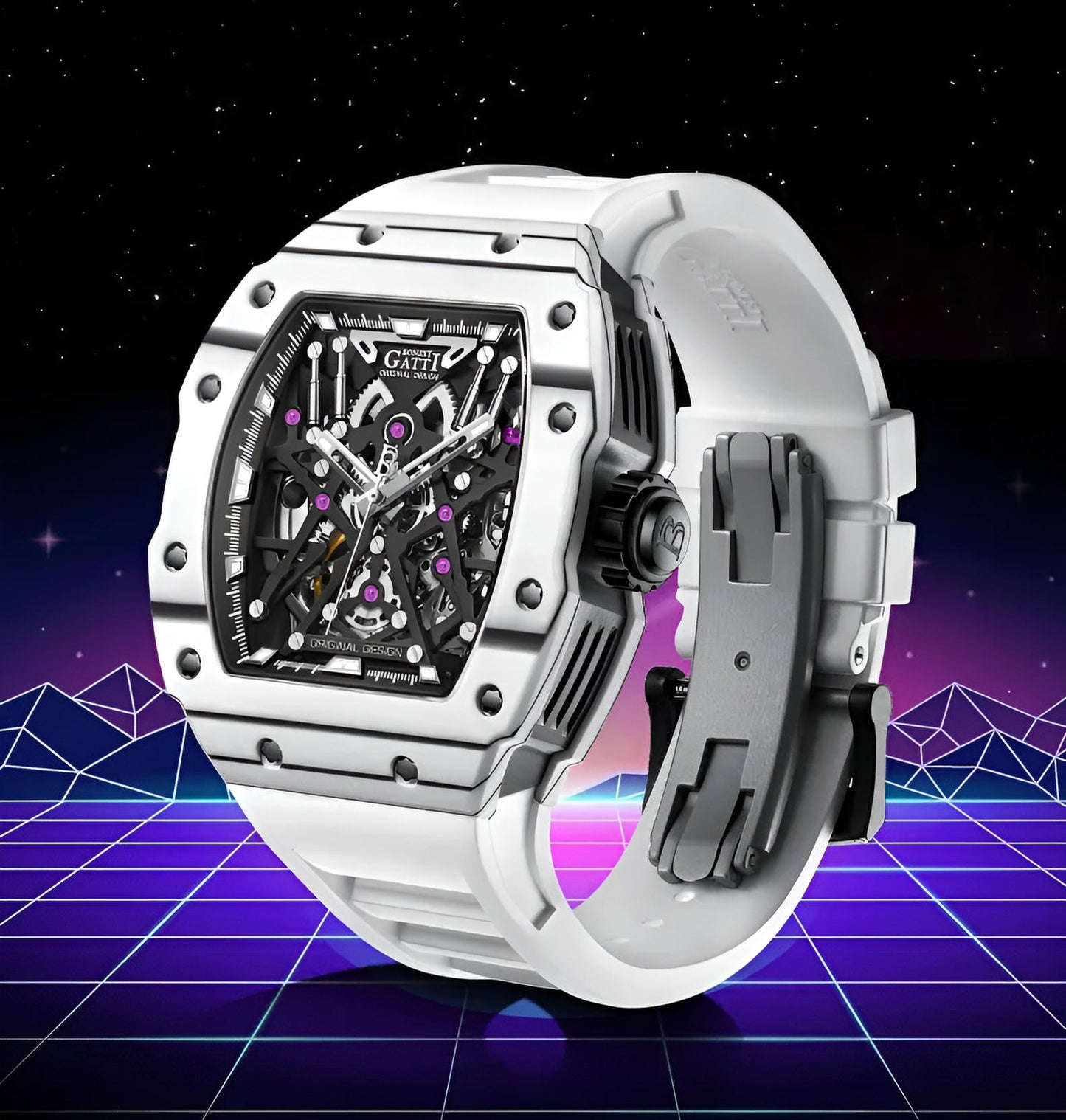 BONEST GATTI BG9907 – Cosmic Purple Edition with purple carbon fiber case and white strap
