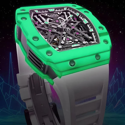 BONEST GATTI BG9907 – Neon Spectrum Edition with luminous green bezel glowing in the dark

