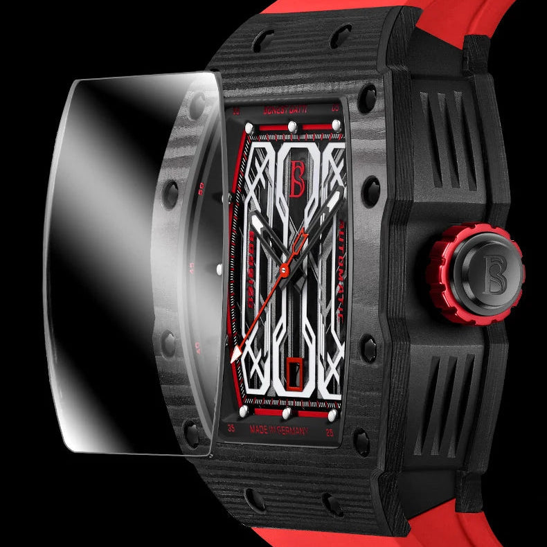 BONEST GATTI BG9916 – Crimson Pulse Edition with red strap and carbon fiber body

