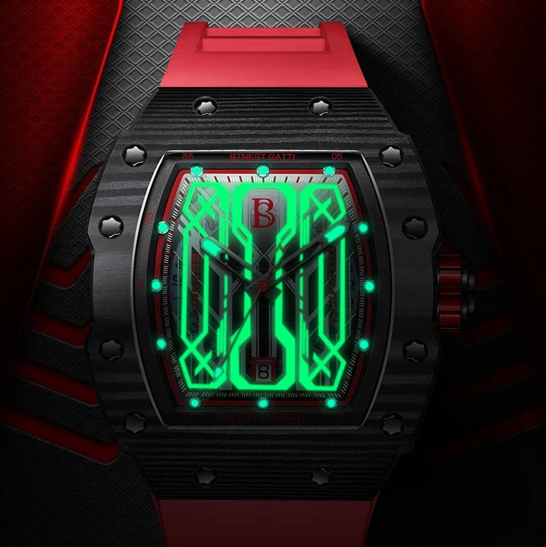 BONEST GATTI BG9916 – Luminous skeleton dial glowing under low light
