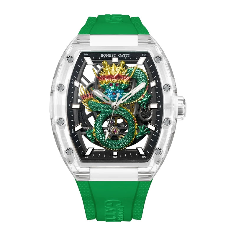 BONEST GATTI BG9980 – Emerald Dragon Edition with green hollow dial and glass case

