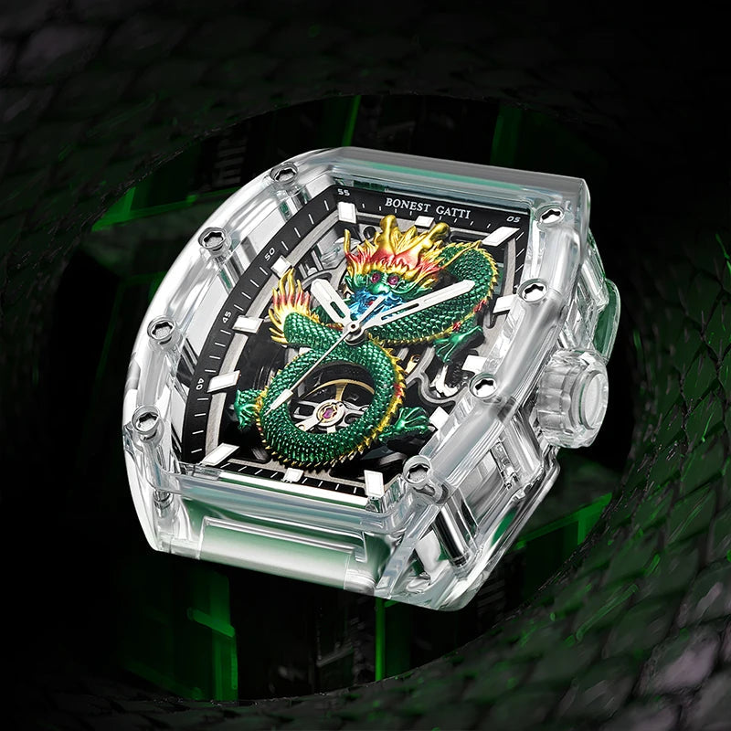 BONEST GATTI BG9980 – Emerald Dragon Edition with green hollow dial and glass case
