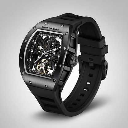 BREITVACHER 919012 - Auto - angled view, black case, rubber strap, exposed movement
