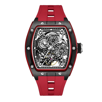 BREITVACHER 91983 - Autom - front view, red strap, skeleton dial