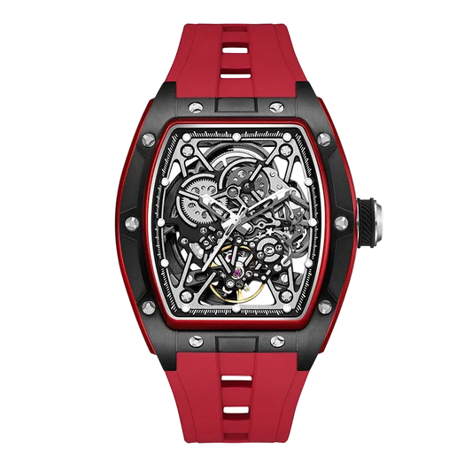 BREITVACHER 91983 - Autom - front view, red strap, skeleton dial