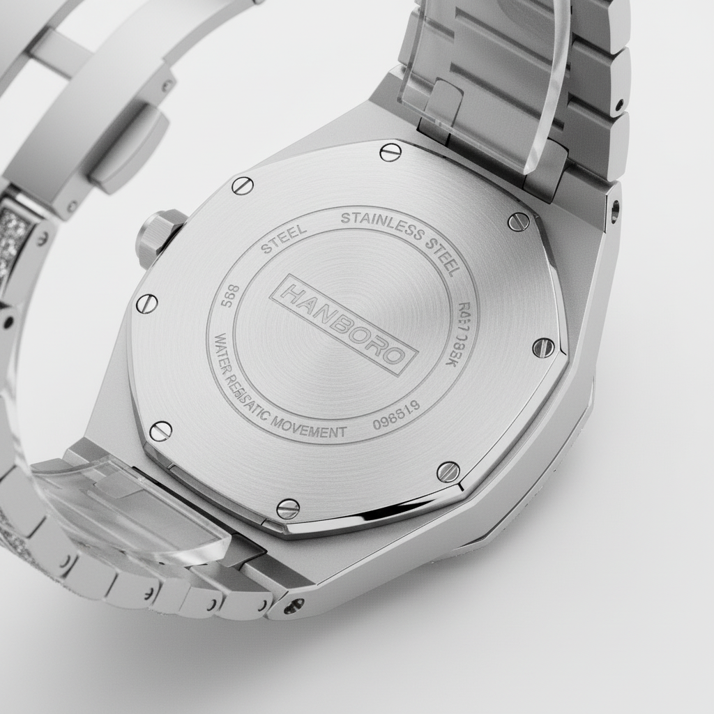 Back view of a silver watch with 'HANBORO' branding on a light gray background