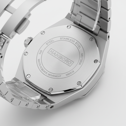 Back view of a silver watch with 'HANBORO' branding on a light gray background