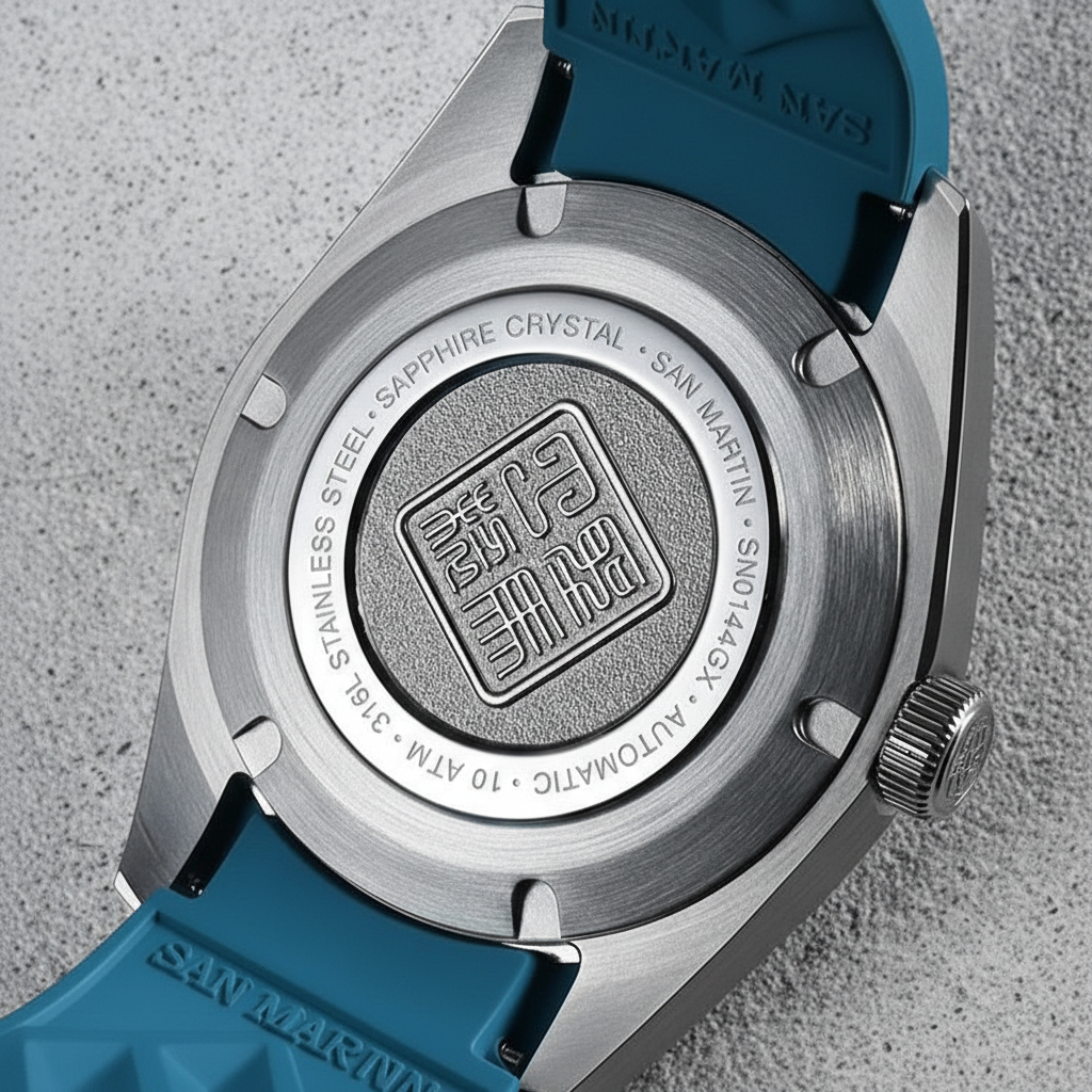 Back view of a watch with 'San Martin' branding on a gray textured background