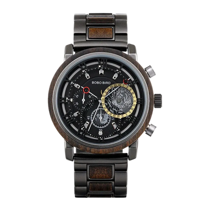 Black and brown watch with detailed face on a white background