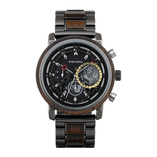 Black and brown watch with detailed face on a white background