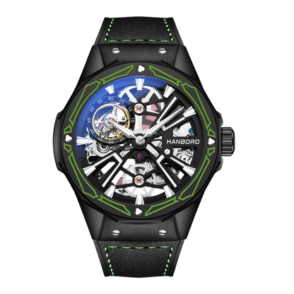 Black and green watch with a detailed face on a white background