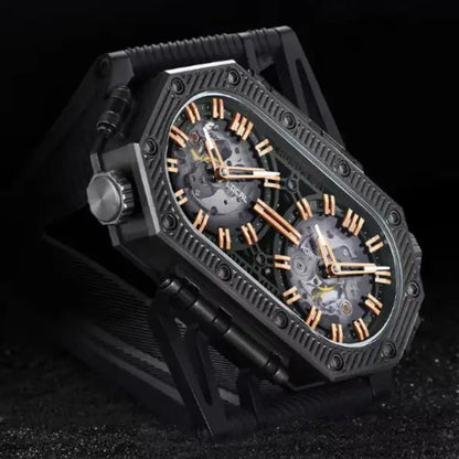 Black and rose gold watch with intricate design on a black background