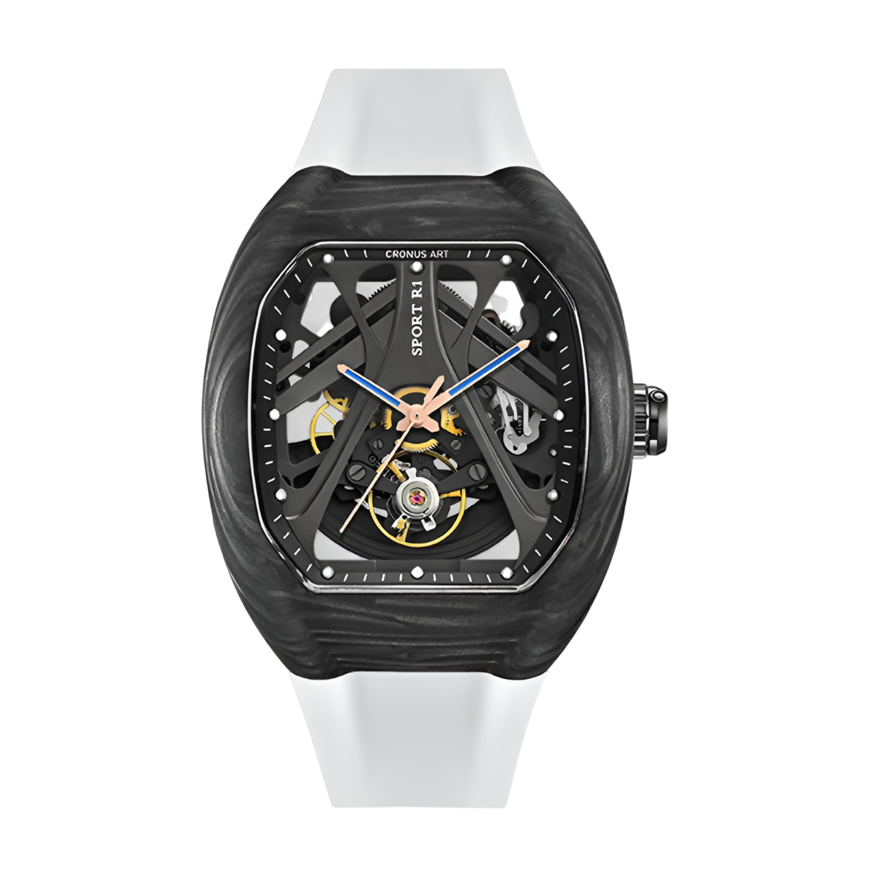 Black and white watch with a detailed face on a white background