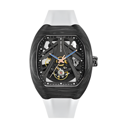 Black and white watch with a detailed face on a white background