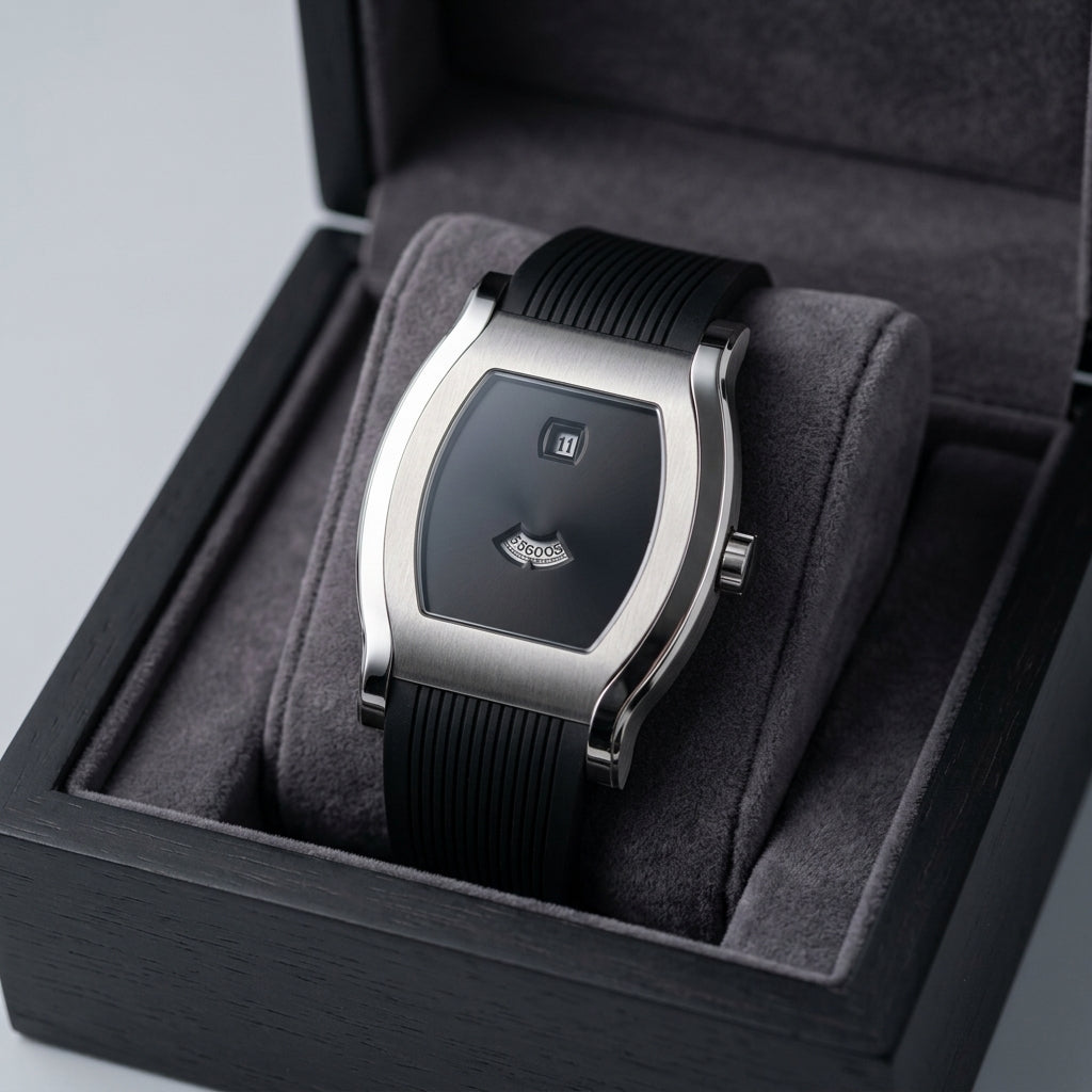 Black watch with silver case in a gray box
