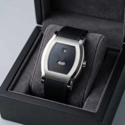 Black watch with silver case in a gray box