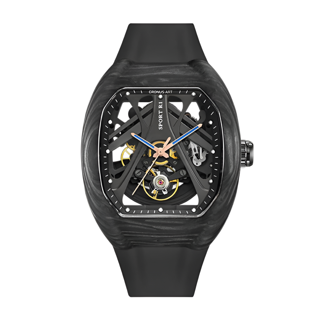 CRONUSART RT06-001 - Men Automatic Watch 42mm Tonneau Mechanical Wristwatch Carbon Fiber Luminous Skeleton Dial Folding Hidden Crown Handle breitvacher