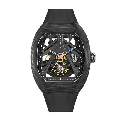 CRONUSART RT06-001 - Men Automatic Watch 42mm Tonneau Mechanical Wristwatch Carbon Fiber Luminous Skeleton Dial Folding Hidden Crown Handle breitvacher