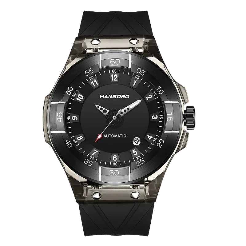 Black wristwatch with detailed design on a white background