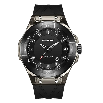 Black wristwatch with detailed design on a white background