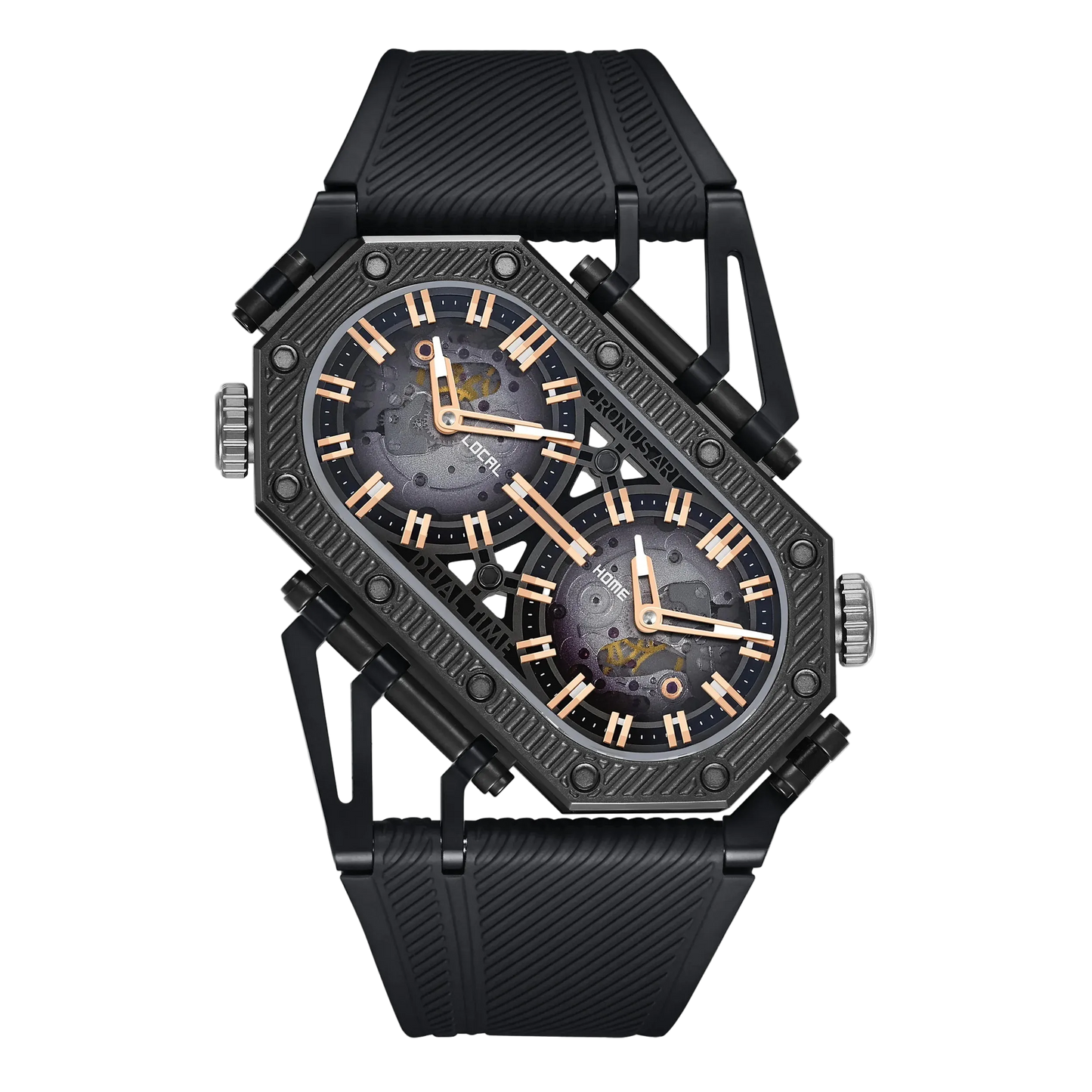 Black wristwatch with detailed face on a white background