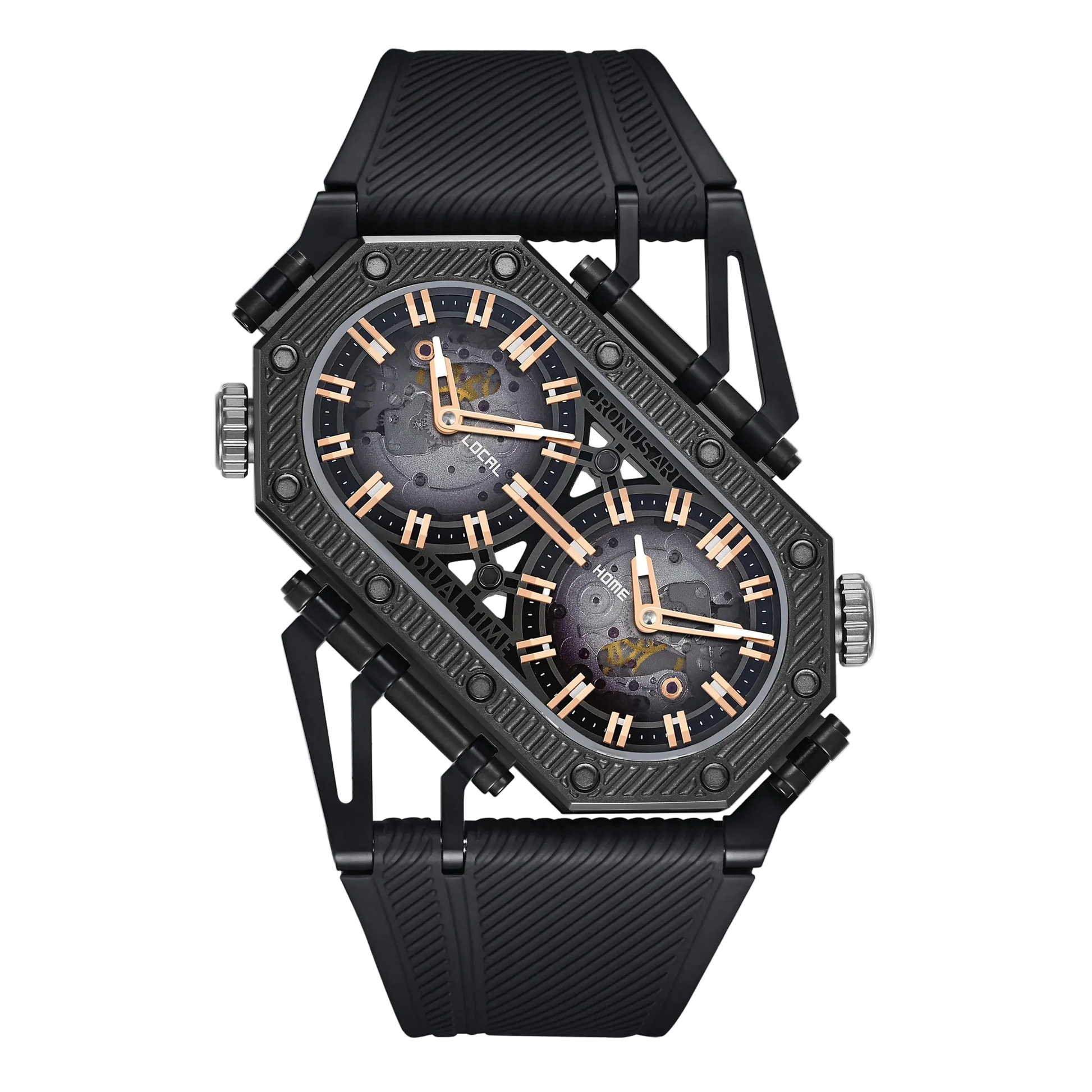 Black wristwatch with detailed face on a white background