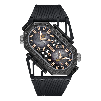 Black wristwatch with detailed face on a white background