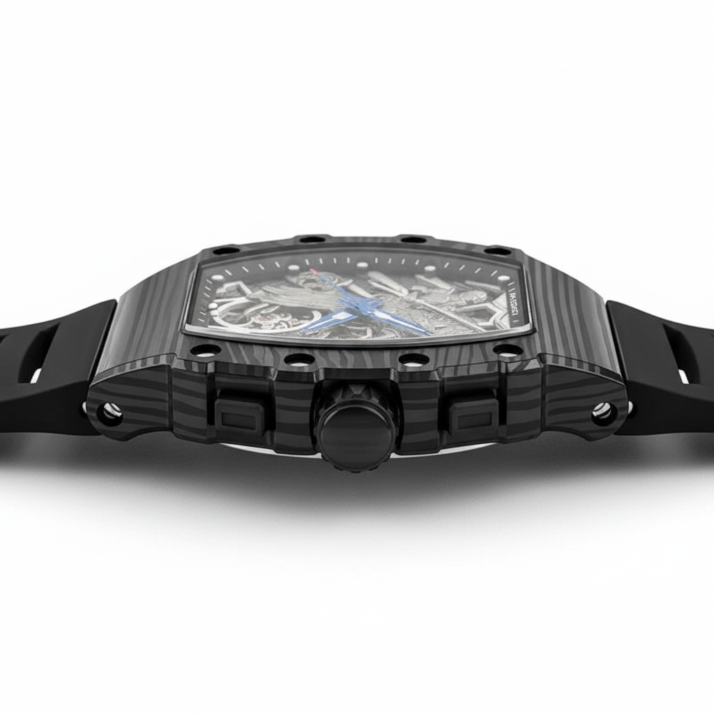 Black wristwatch with detailed face on a white background