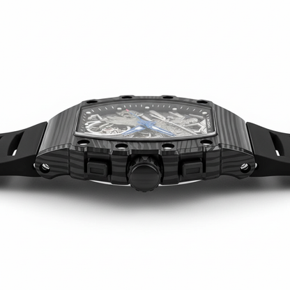 Black wristwatch with detailed face on a white background