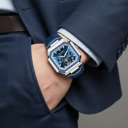 Blue watch on a person's wrist with a suit sleeve, brand visible