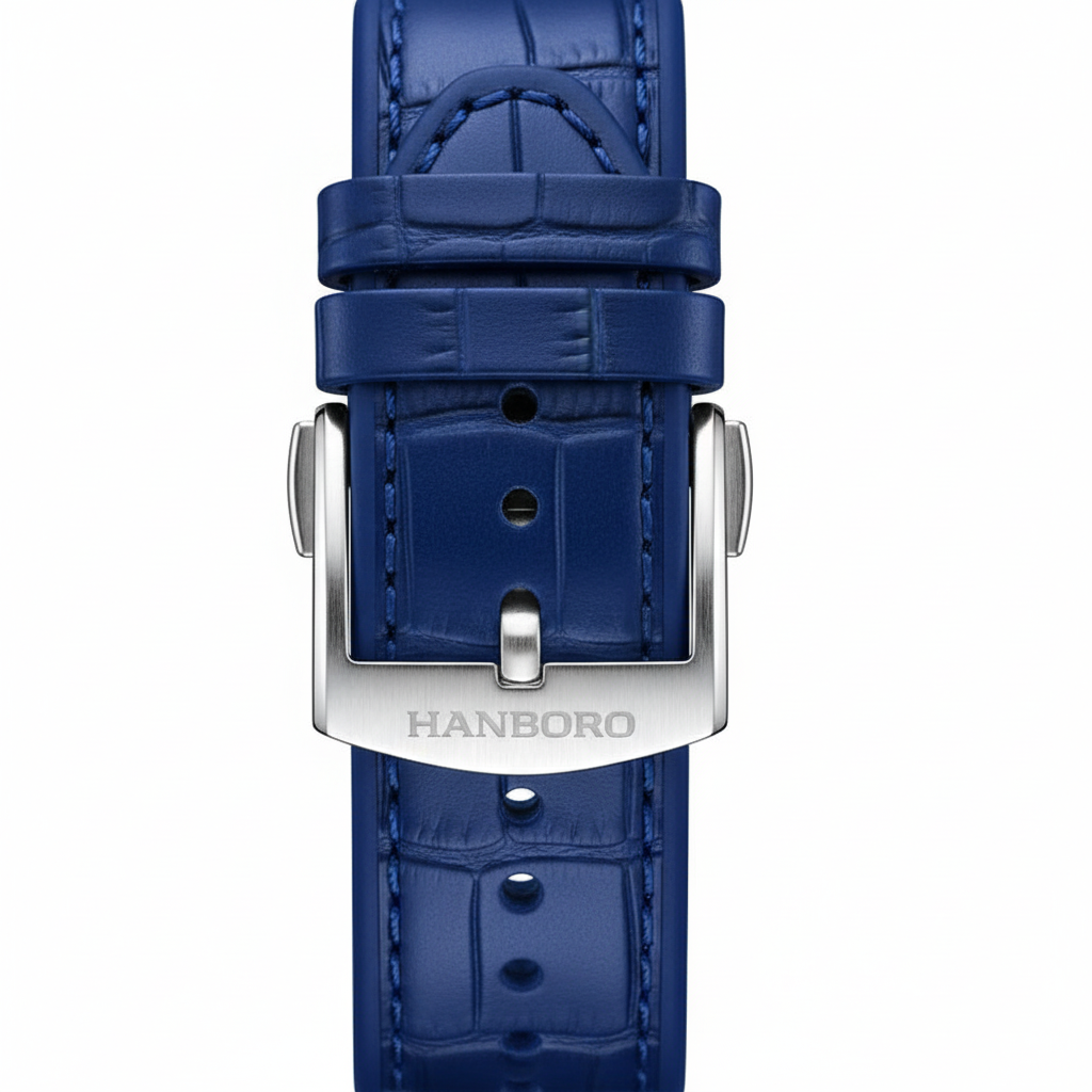 Blue watch strap with silver buckle on a white background, featuring the brand 'HANBORO'.