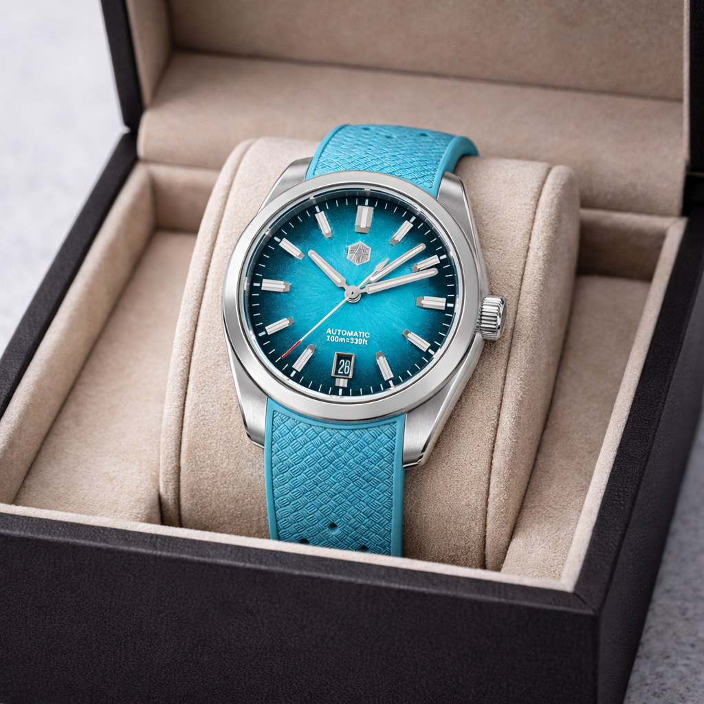 Blue watch with a textured strap in a display box